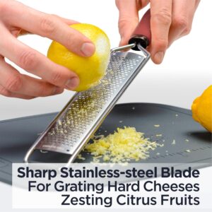 Deiss PRO Lemon Zester & Heavy Duty Cheese Grater & Vegetable Grater - Parmesan Cheese, Lemon, Garlic, Nutmeg, Chocolate, Fruits, Vegetables, Ginger Grater - Stainless Steel Cheese Shredder (RED)