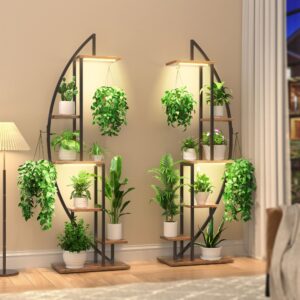 BACEKOLL Plant Stand Indoor with Grow Lights, 6 Tiered Tall Plant Shelf, 63" Metal Plant Stand for Indoor Plants Multiple, Half-Moon Plant Rack Display Shelf, 2 Pcs Plant Holder for Living Room, Patio