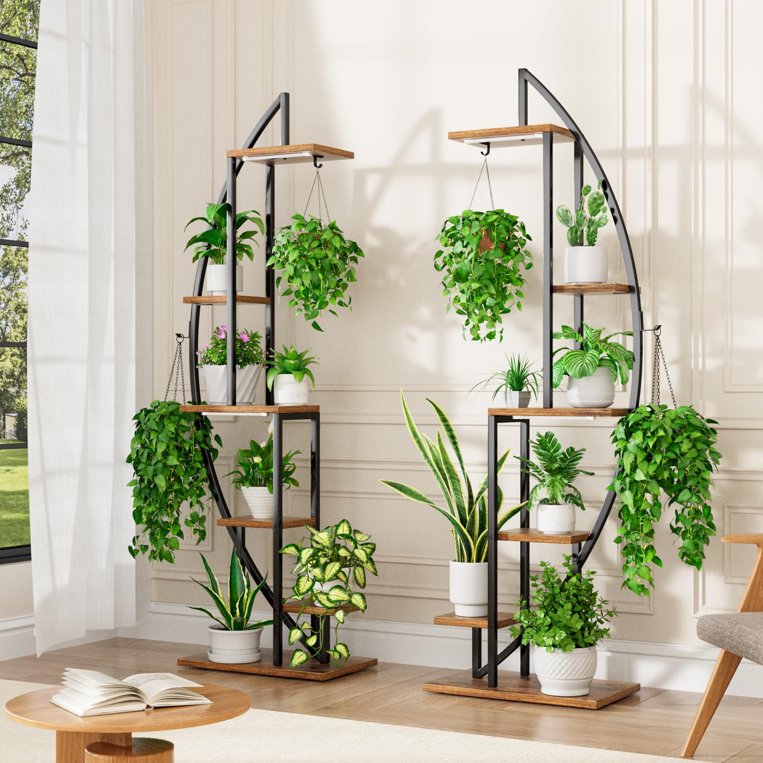 BACEKOLL Plant Stand Indoor with Grow Lights, 6 Tiered Tall Plant Shelf, 63" Metal Plant Stand for Indoor Plants Multiple, Half-Moon Plant Rack Display Shelf, 2 Pcs Plant Holder for Living Room, Patio