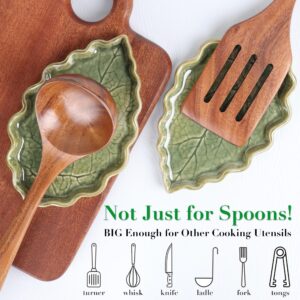 Ceramic Spoon Rest for Stove Top - Cute Green Leaf Shaped Spoon Rest/Spoon Holder for Kitchen Countertop - Cooking Kitchen Spoon Rest Utensil Rest Spatula Rest (Green)