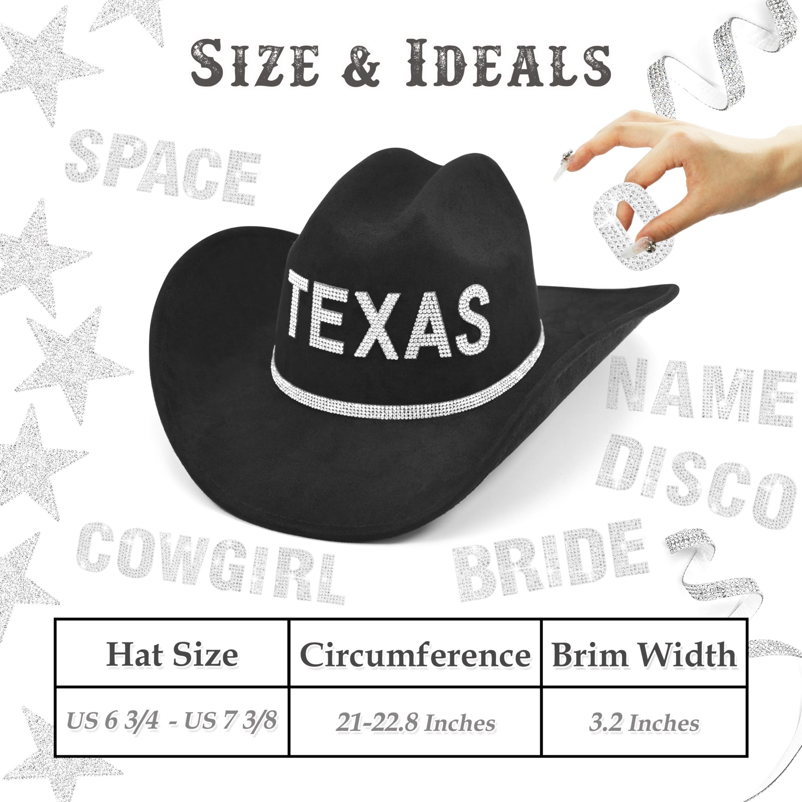 Keilin Black Cowboy Hats for Women Rhinestone Cowgirl Hat Felt Western Hat Nashville Bachelorette Party Disco DIY Cowgirl Outfits (Black)