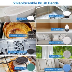 Electric Spin Scrubber, IPX8 Cordless Cleaning Brush, Bathroom Scrubber Electric with 9 Replaceable Brush Heads, Power Shower Scrubber with Long Handle 2 Adjustable Speed for Clean Tub Kitchen Floor