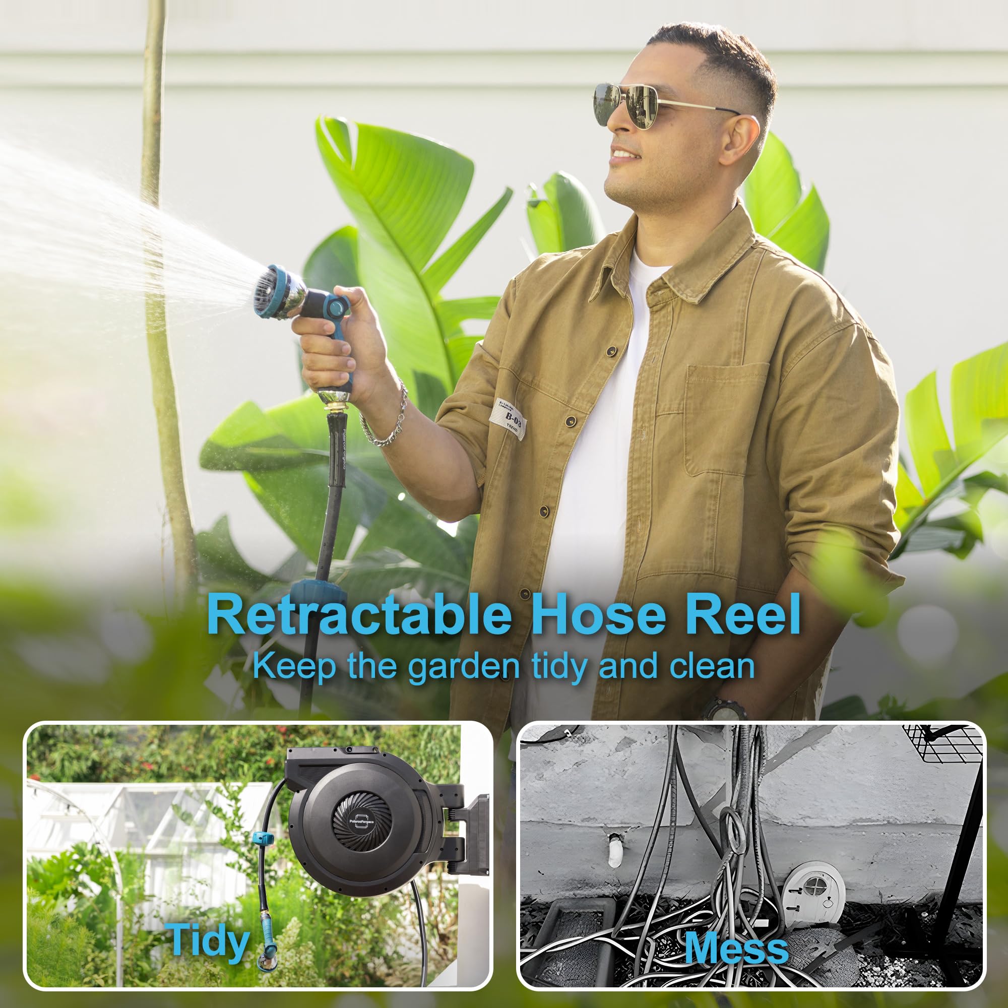 PolarcoForgeco Retractable Garden Hose Reel - 5/8 inch x 90 ft Wall Mounted Hose Reel with 10 Pattern Nozzle & Any Length Lock, Heavy Duty Water Hose Supports Automatic Rewind & 180° Swivel, Black