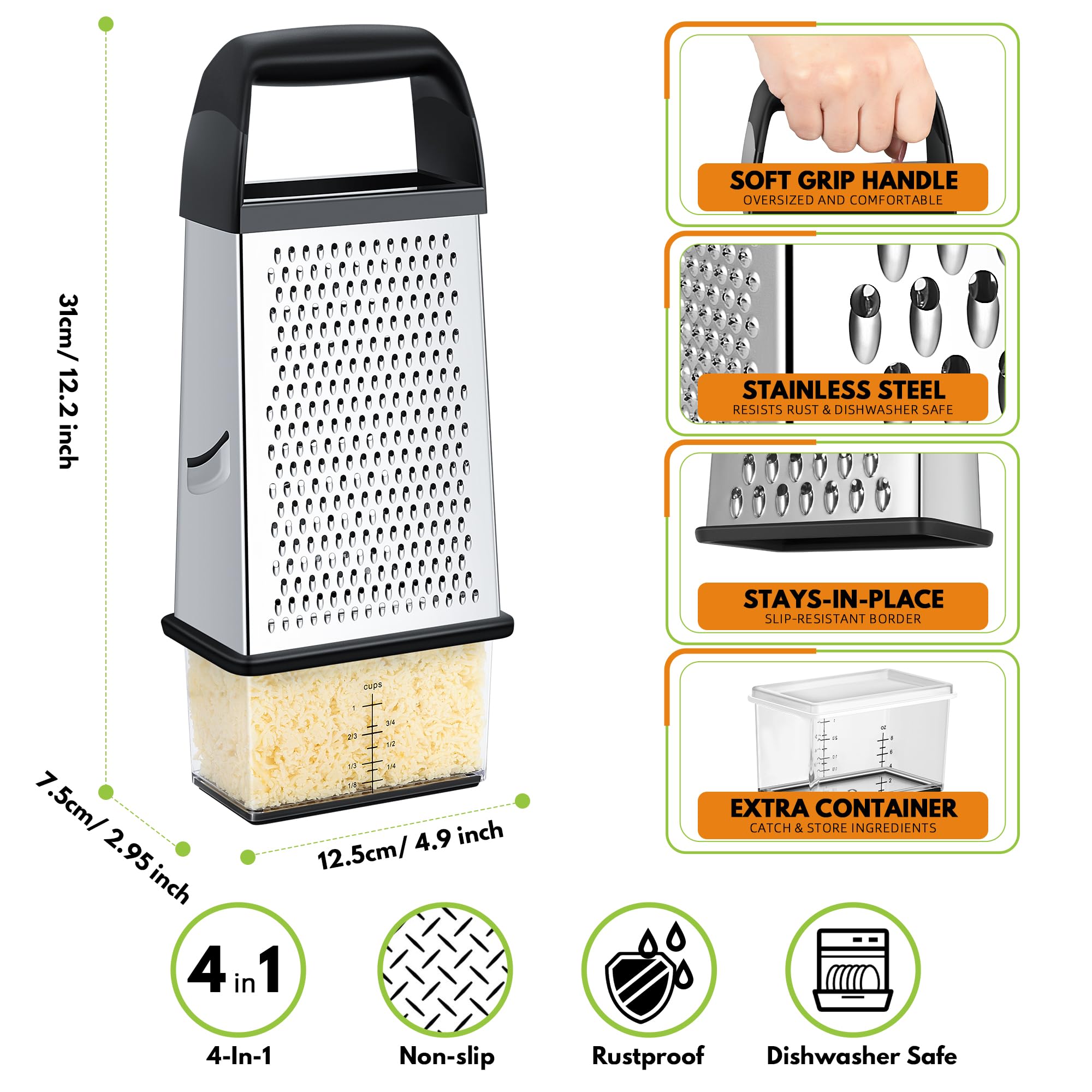 Urbanstrive Cheese Grater With Container, Professional Cheese Grater with Handle, Stainless Steel Graters for Kitchen Handheld, Box Grater with 4 Sides for Vegetables, Ginger, Potatoes, Black