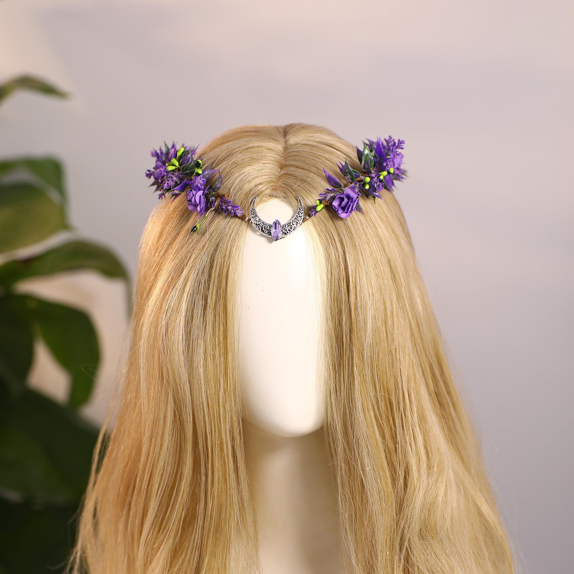 MOSTORY Purple Moon Flower Crown - Handmade Floral Fairy Headpiece Woodland Elven Circlet Forest Wreath for Women Girls Wedding Renaissance Party Cosplay Photo Shoot