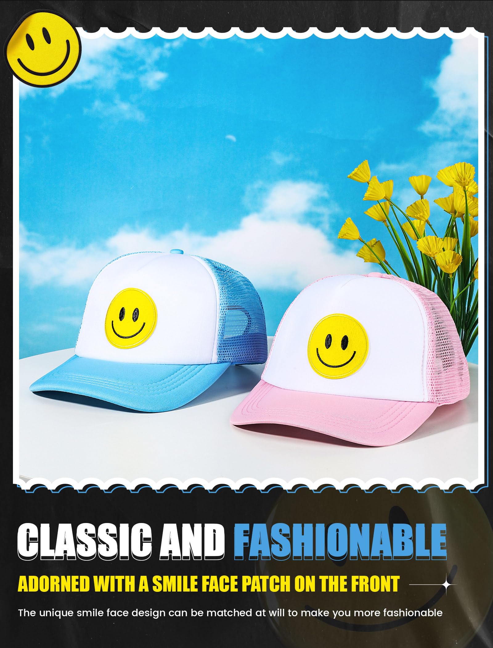 Cozypower 2 Pcs Smile Face Baseball Cap Smile Trucker Hat Mesh Adjustable Baseball Cap Retro Preppy Hats for Women(Blue, Pink, White)