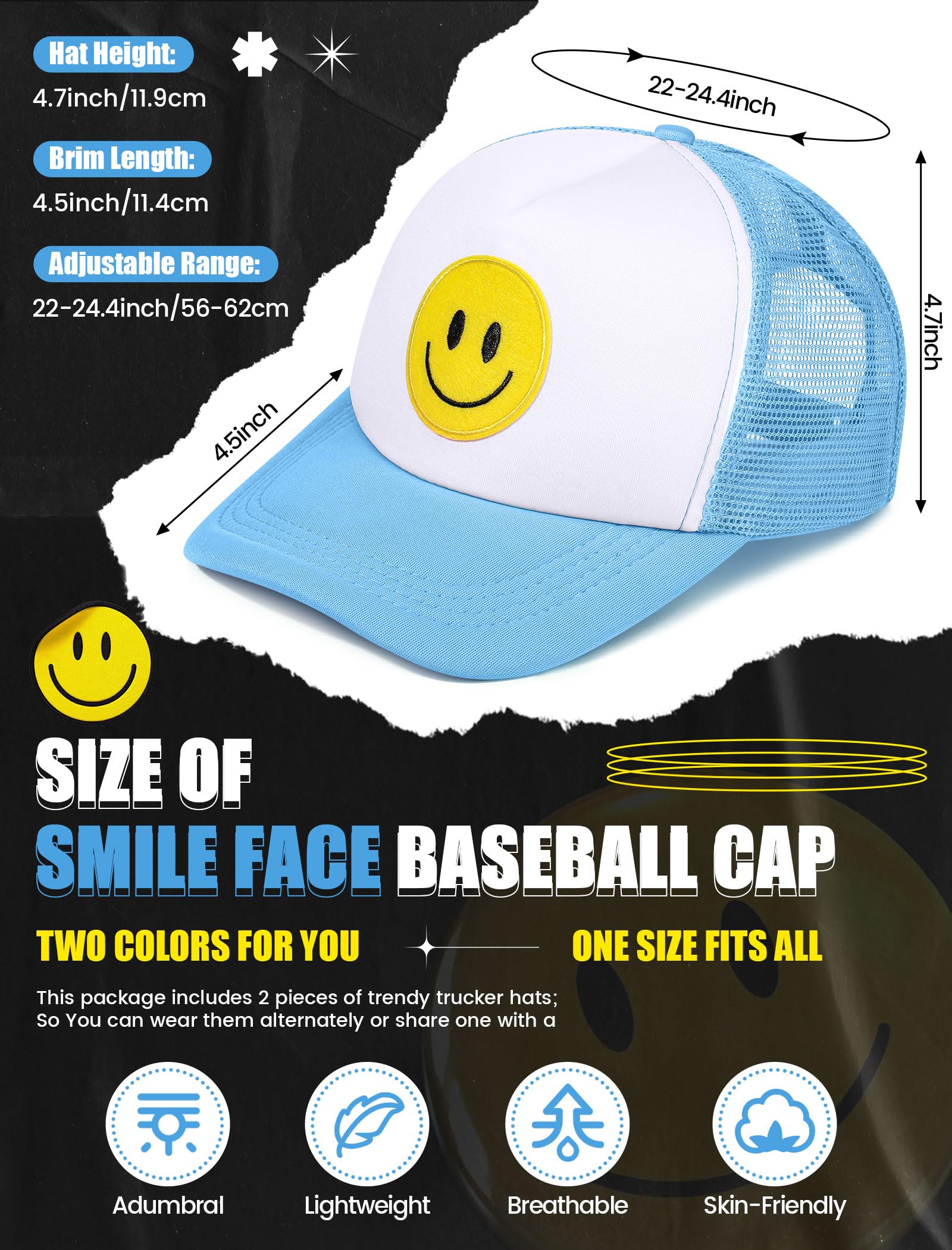 Cozypower 2 Pcs Smile Face Baseball Cap Smile Trucker Hat Mesh Adjustable Baseball Cap Retro Preppy Hats for Women(Blue, Pink, White)