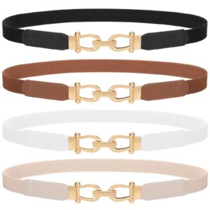 TRIWORKS 4 Pack Women's Elastic Skinny Belt Fashion Alloy Buckle Stretchy Thin Waist Belts for Dresses Black/Brown/White/Beige