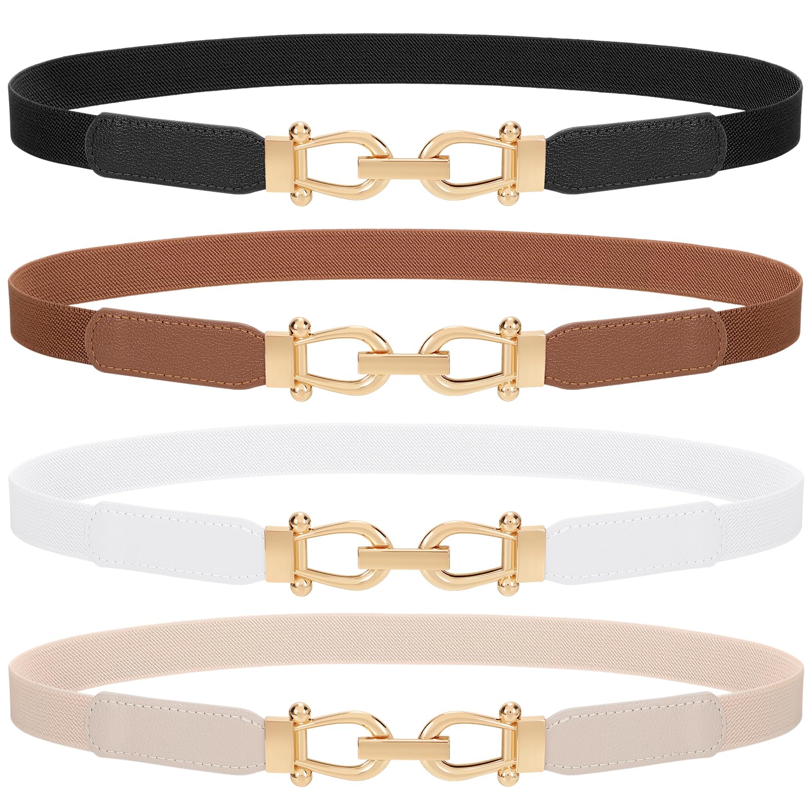 TRIWORKS 4 Pack Women's Elastic Skinny Belt Fashion Alloy Buckle Stretchy Thin Waist Belts for Dresses Black/Brown/White/Beige