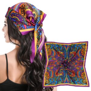 mansphil 100% mulberry silk head scarf for women hair sleeping, 27"x27" square purple pattern fashion bandanas wraps bag gift packed