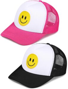 cozypower 2 pcs smile face baseball cap smile trucker hat mesh adjustable baseball cap retro preppy hats for women(rose red, black, white)