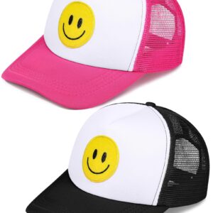 Cozypower 2 Pcs Smile Face Baseball Cap Smile Trucker Hat Mesh Adjustable Baseball Cap Retro Preppy Hats for Women(Rose Red, Black, White)