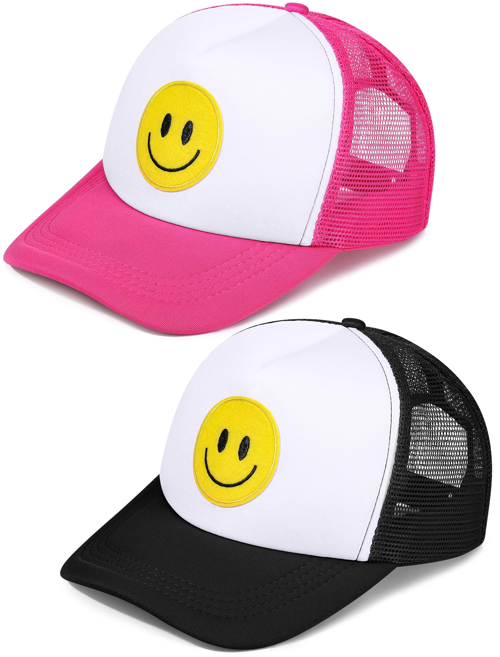 Cozypower 2 Pcs Smile Face Baseball Cap Smile Trucker Hat Mesh Adjustable Baseball Cap Retro Preppy Hats for Women(Rose Red, Black, White)