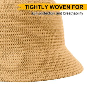 Lightbird Women Woven Bucket Hat, Mesh Beach Sun Hat Foldable Travel Fisherman's Hat Fishing Cap for Spring Summer Fall (Khaki)