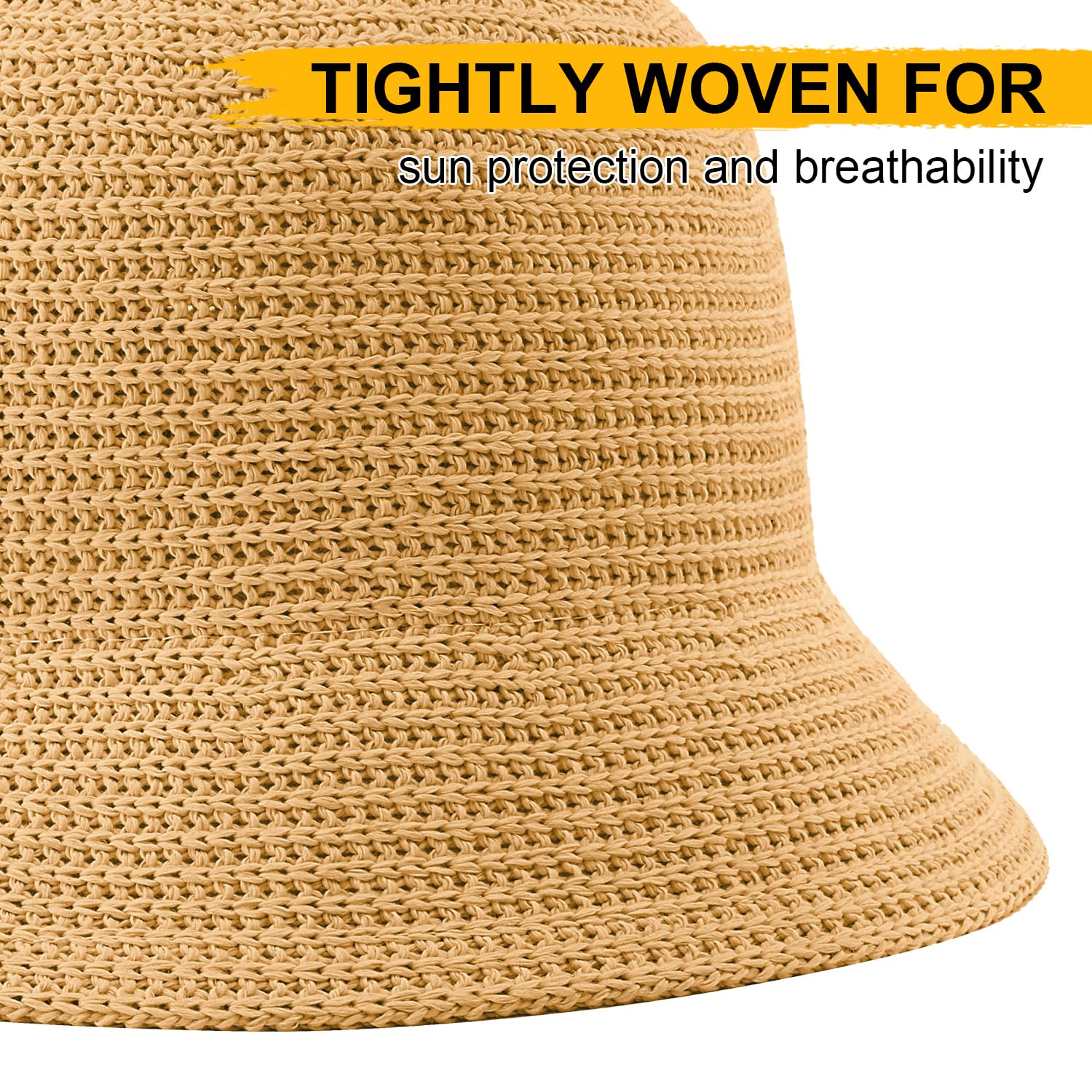 Lightbird Women Woven Bucket Hat, Mesh Beach Sun Hat Foldable Travel Fisherman's Hat Fishing Cap for Spring Summer Fall (Khaki)