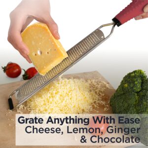 Deiss PRO Lemon Zester & Heavy Duty Cheese Grater & Vegetable Grater - Parmesan Cheese, Lemon, Garlic, Nutmeg, Chocolate, Fruits, Vegetables, Ginger Grater - Stainless Steel Cheese Shredder (RED)