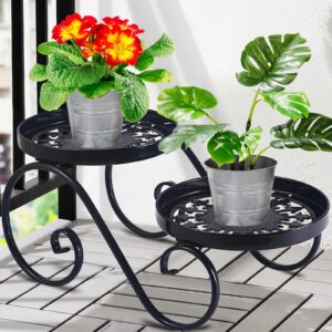 santentre 2 tier black plant stand, metal flower stand indoor outdoor, anti-rust iron plant shelf, round flower pot stands for multiple plants, display rack potted plant holders for garden home decor