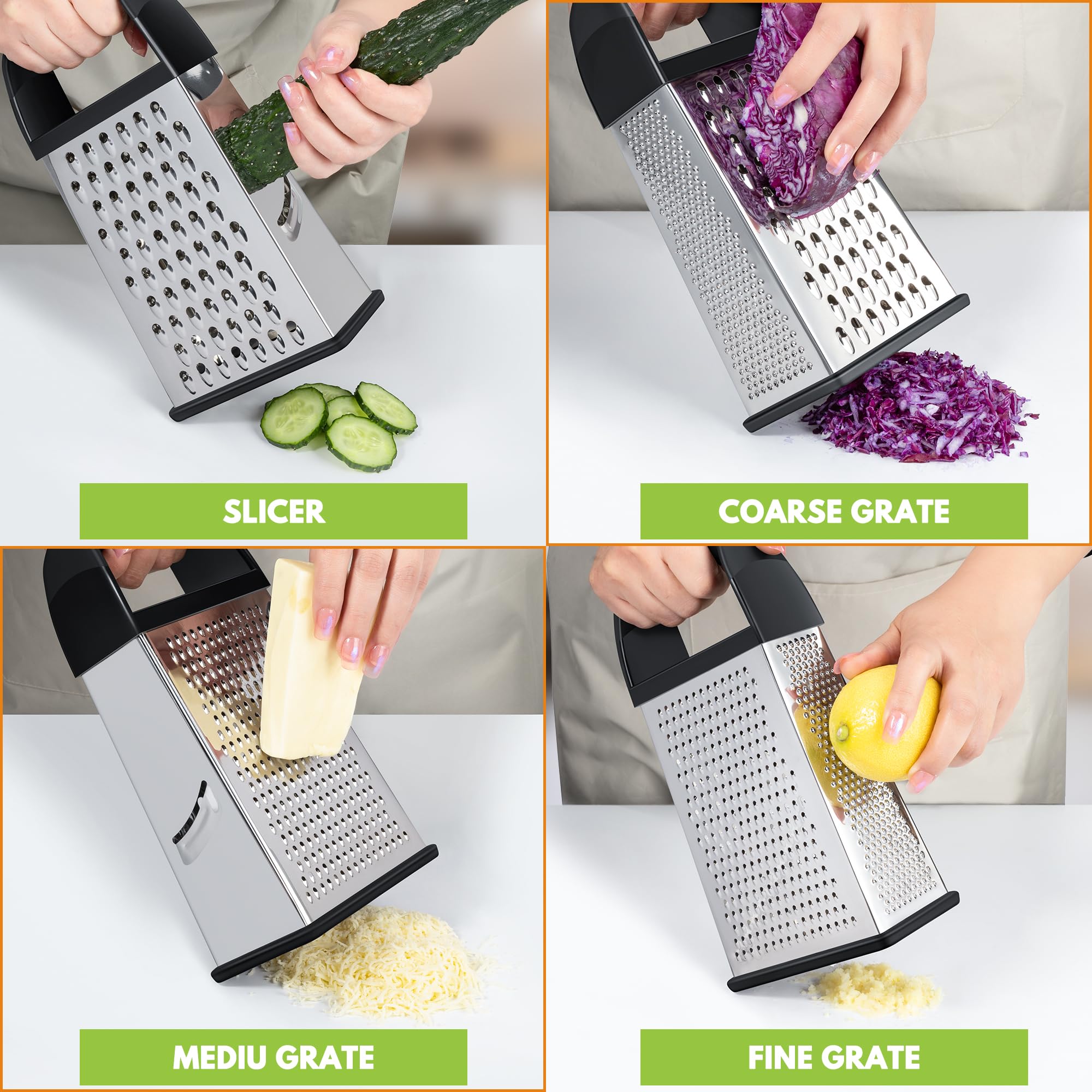 Urbanstrive Cheese Grater With Container, Professional Cheese Grater with Handle, Stainless Steel Graters for Kitchen Handheld, Box Grater with 4 Sides for Vegetables, Ginger, Potatoes, Black