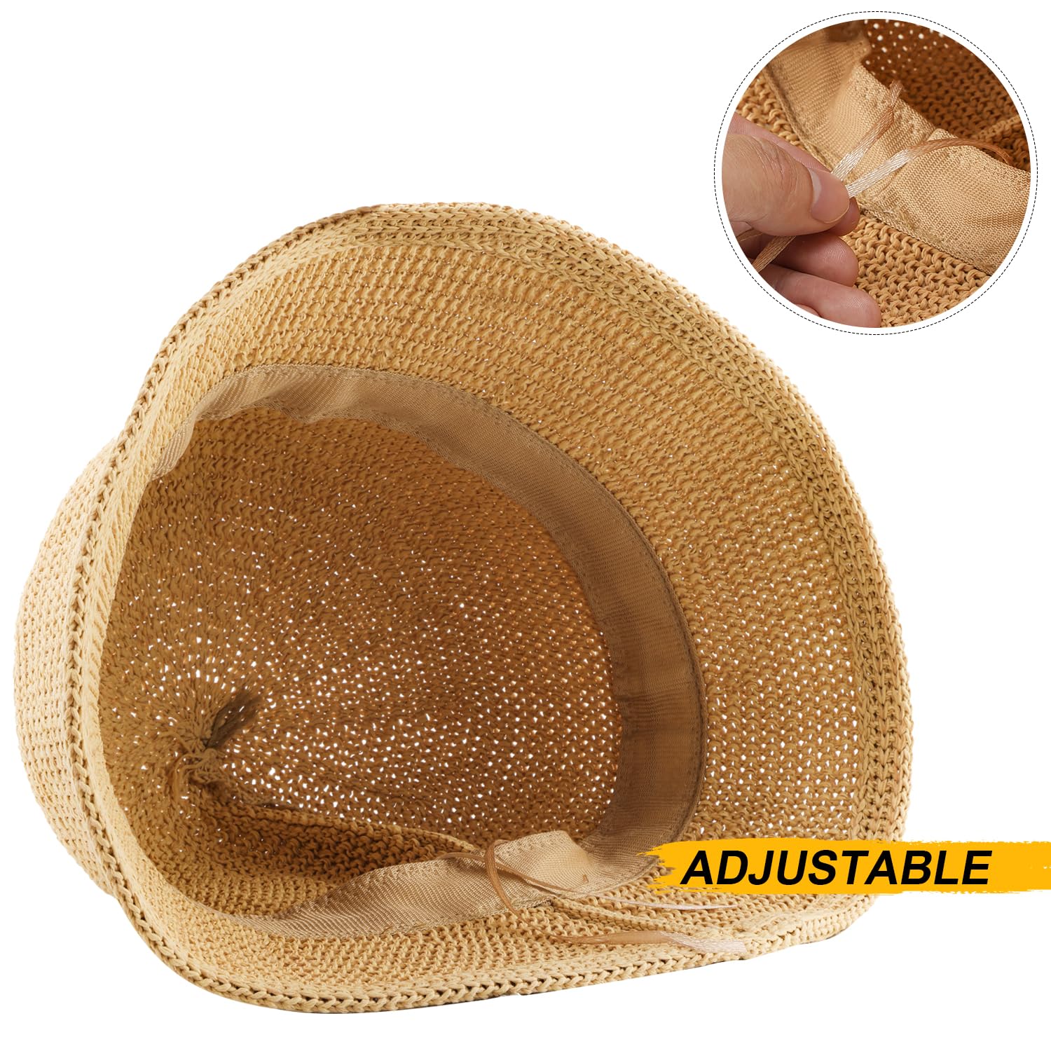 Lightbird Women Woven Bucket Hat, Mesh Beach Sun Hat Foldable Travel Fisherman's Hat Fishing Cap for Spring Summer Fall (Khaki)