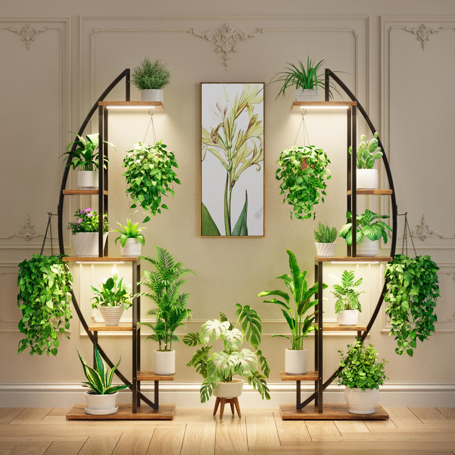 BACEKOLL Plant Stand Indoor with Grow Lights, 6 Tiered Tall Plant Shelf, 63" Metal Plant Stand for Indoor Plants Multiple, Half-Moon Plant Rack Display Shelf, 2 Pcs Plant Holder for Living Room, Patio