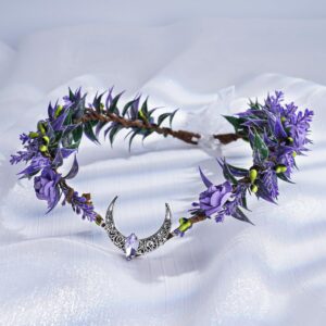 MOSTORY Purple Moon Flower Crown - Handmade Floral Fairy Headpiece Woodland Elven Circlet Forest Wreath for Women Girls Wedding Renaissance Party Cosplay Photo Shoot