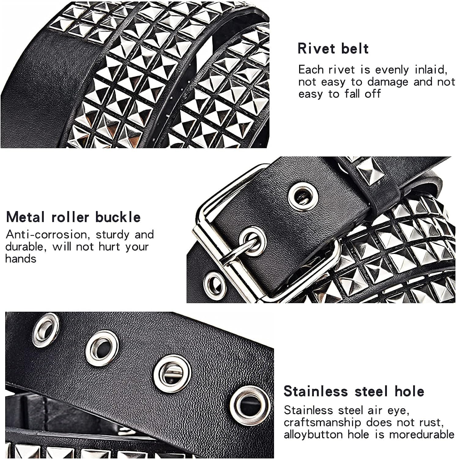 Ulekuke Metal Punk Rock Rivet Studded Belt for Women Men, Gothic Belt with Bright Pyramid Studs(Black)