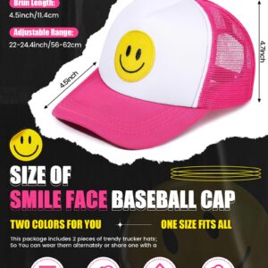 Cozypower 2 Pcs Smile Face Baseball Cap Smile Trucker Hat Mesh Adjustable Baseball Cap Retro Preppy Hats for Women(Rose Red, Black, White)