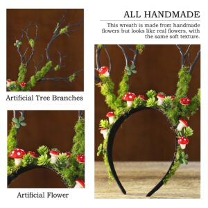 MOSTORY Green Mushroom Branch Headband - Handmade Woodland Hairband Flower Forest Crown for Women Girls Renaissance Mardi Gras Carnival Cosplay Party Photo Shoot