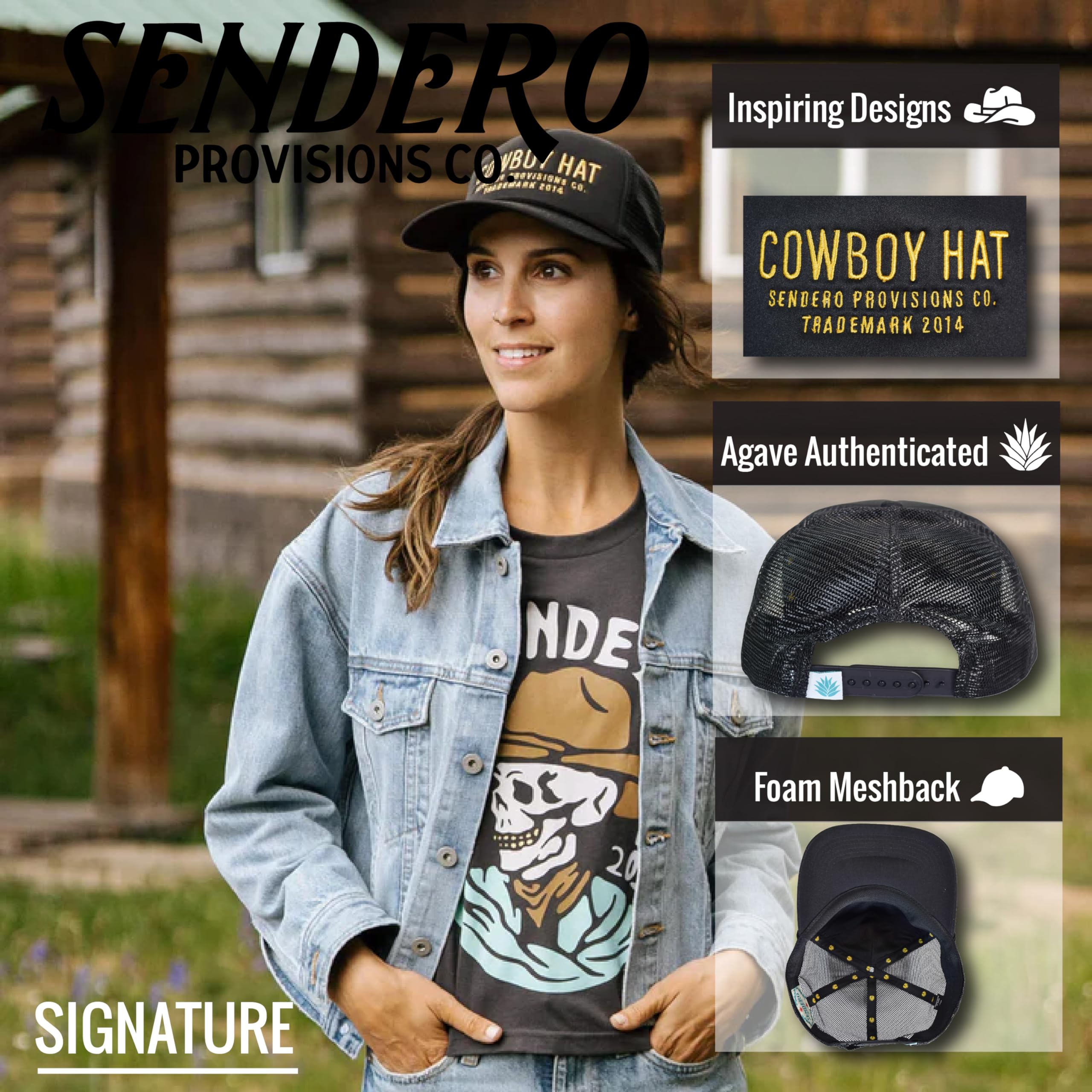 Sendero Provisions Co. Cowboy Hat Embroidered Logo Snapback Trucker Cap One Size (Black/Gold)