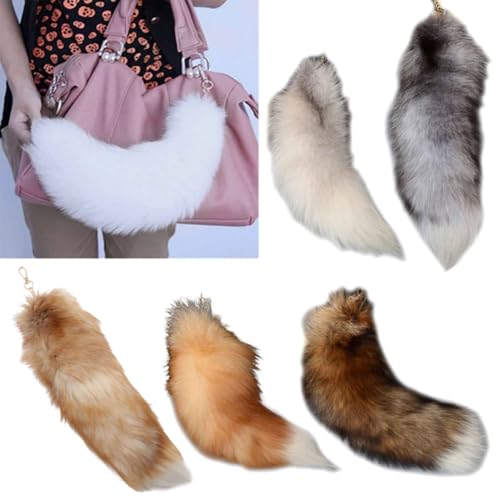 homeemoh Faux Animal Tail Keychain Fluffy Faux Fur Tail Pendant 15.75 Inch Long Tail Charms Keyring Holder for Handbag Backpack (Brown - Black)