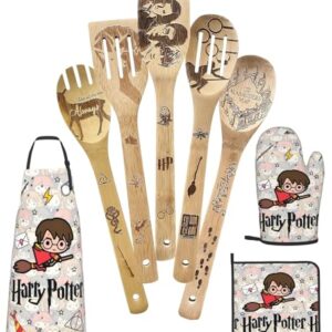 Harry Magic Kitchen Utensils Set Gifts for Mom Women Birthday Gift Cute Magic Wooden Cooking Spoons Set with Apron Oven Mitt Potholder Set Great Christmas Gift