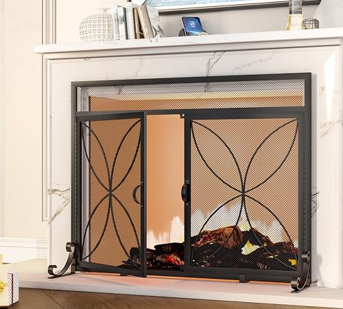 Fire Beauty Fireplace Screen with Magnetic Doors,Large Metal Fire Place Screen for Home,Spark Guard,Metal Furnace Fireguards,Baby Safe Spark Guard Protector,Black