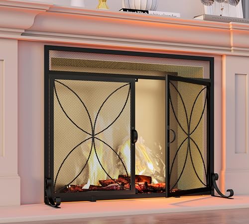 Fire Beauty Fireplace Screen with Magnetic Doors,Large Metal Fire Place Screen for Home,Spark Guard,Metal Furnace Fireguards,Baby Safe Spark Guard Protector,Black