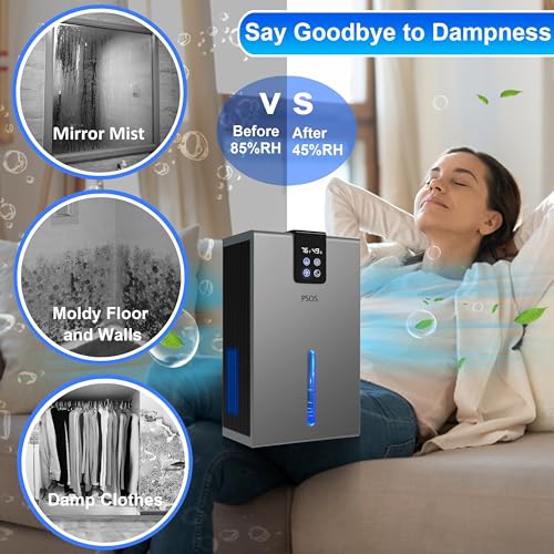 PSOS Dehumidifier, 98 OZ Tank Capacity, Dehumidifiers with Auto Shut Off, Quiet Operation,Portable Dehumidifier for Home, Basement, Bedroom, 890 sq.ft Coverage Area