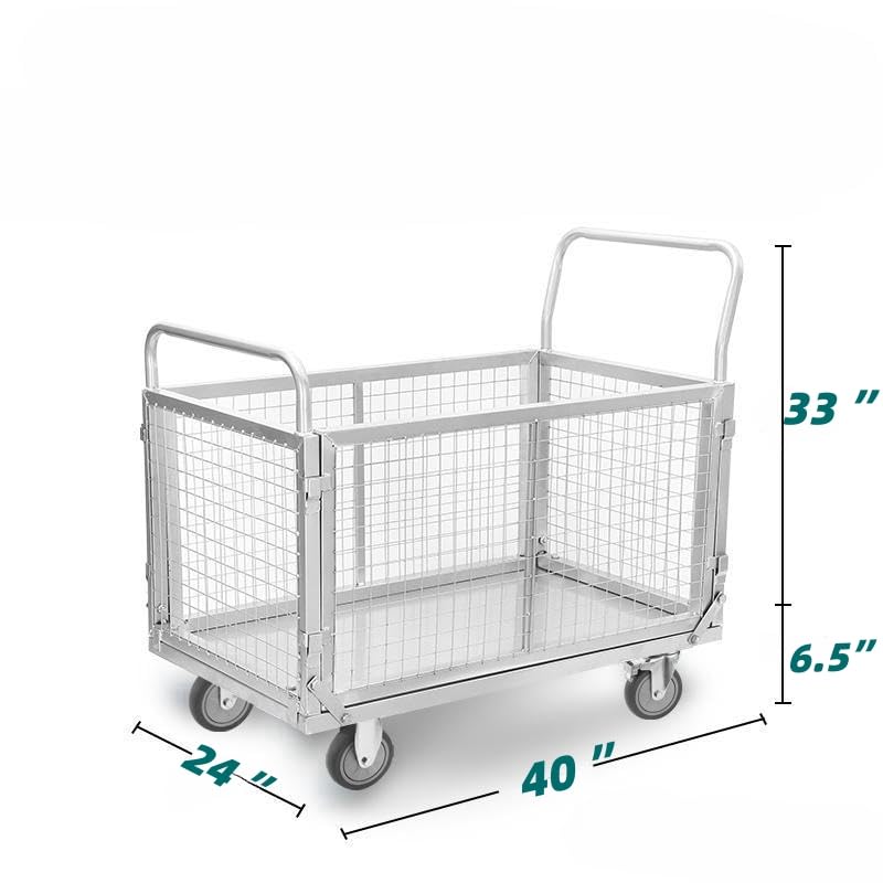 Platform Truck Cart with Cage Heavy-Duty Hand Cart 1600 lb Capacity Commercial Multi-Use Silent Durable Wheels Easy to Clean for Industrial Warehouse Supermarket Medical Facilities