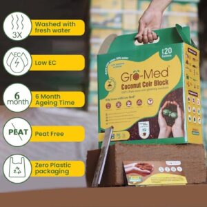 Gro-Med Coco Coir Block - 10lb Compressed Coir Fiber Brick Enriched NPK Expands Upto 80 Quarts-Organic Potting Soil for Flowers, Herbs,Low EC Planting-Growing Medium for Gardening-Seed Starter Soil