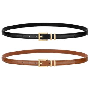 VONMELLI Leather Thin Belts for Women 2 Pack Women's Skinny Belt Ladies Belts for Jeans Dress with Bright Gold Buckle Black Brown S