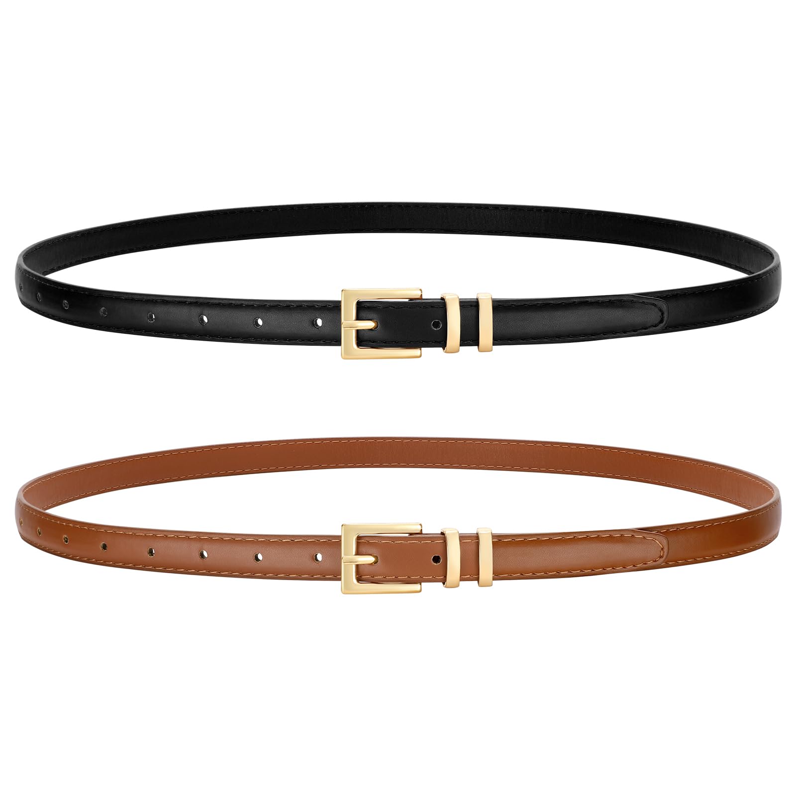 VONMELLI Leather Thin Belts for Women 2 Pack Women's Skinny Belt Ladies Belts for Jeans Dress with Bright Gold Buckle Black Brown S