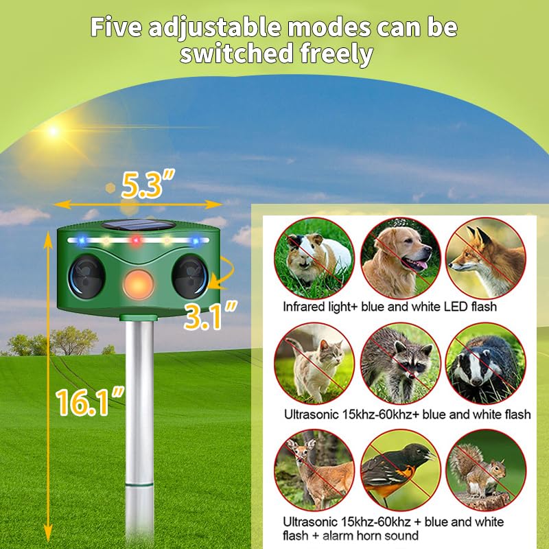 Ultrasonic Solar Animal Repeller for Yard, 5 Modes Outdoor Cat Repellent Squirrel Repellent with Motion Sensor & Flashing Light, Animals Deterrent for Squirrel Bird Deer Cat Skunk Dog for Yard Garden