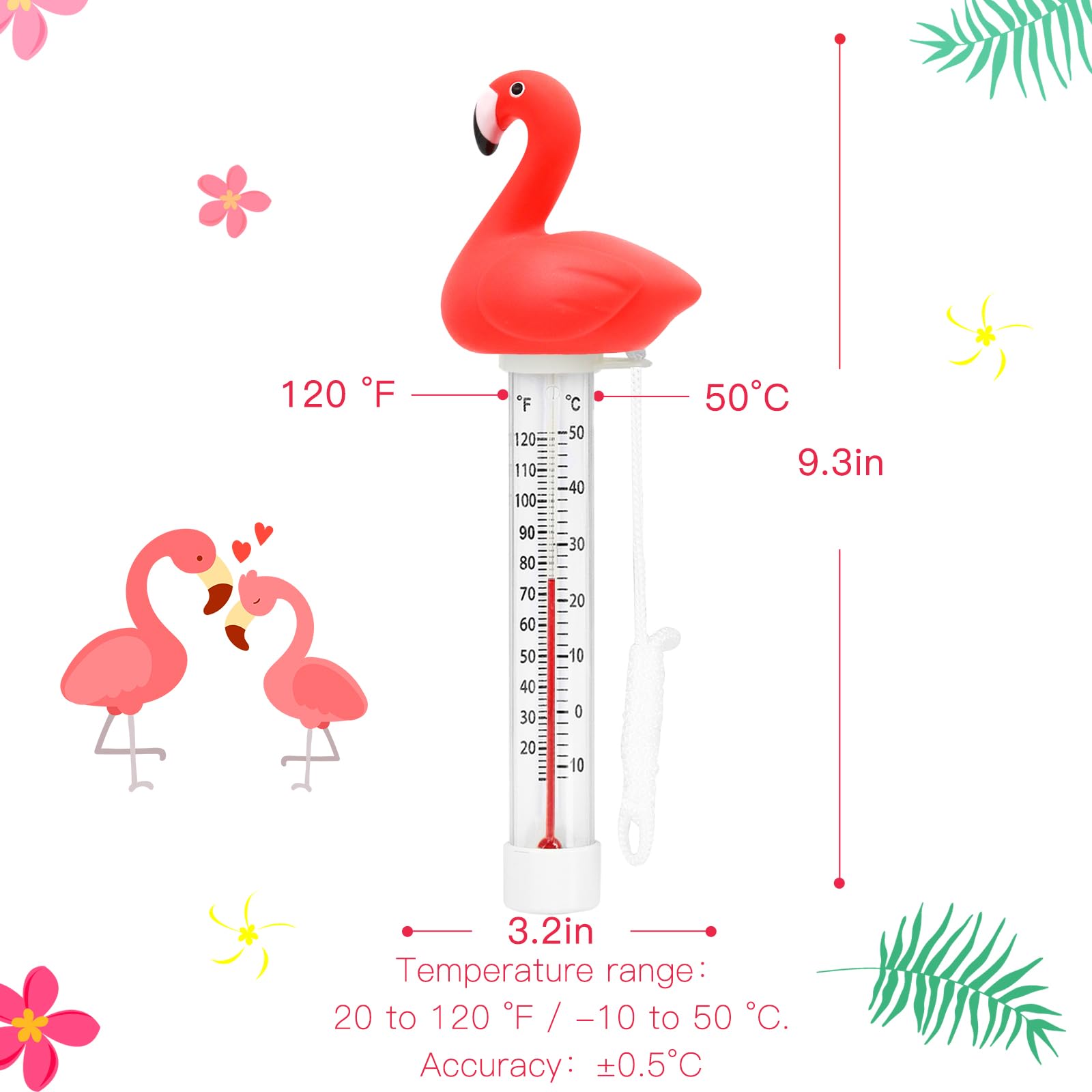 XY-WQ Floating Pool Thermometer, Large Size Easy Read for Water Temperature with String for Outdoor and Indoor Swimming Pools, Spas, Hot Tubs, Ponds (Flamingo)