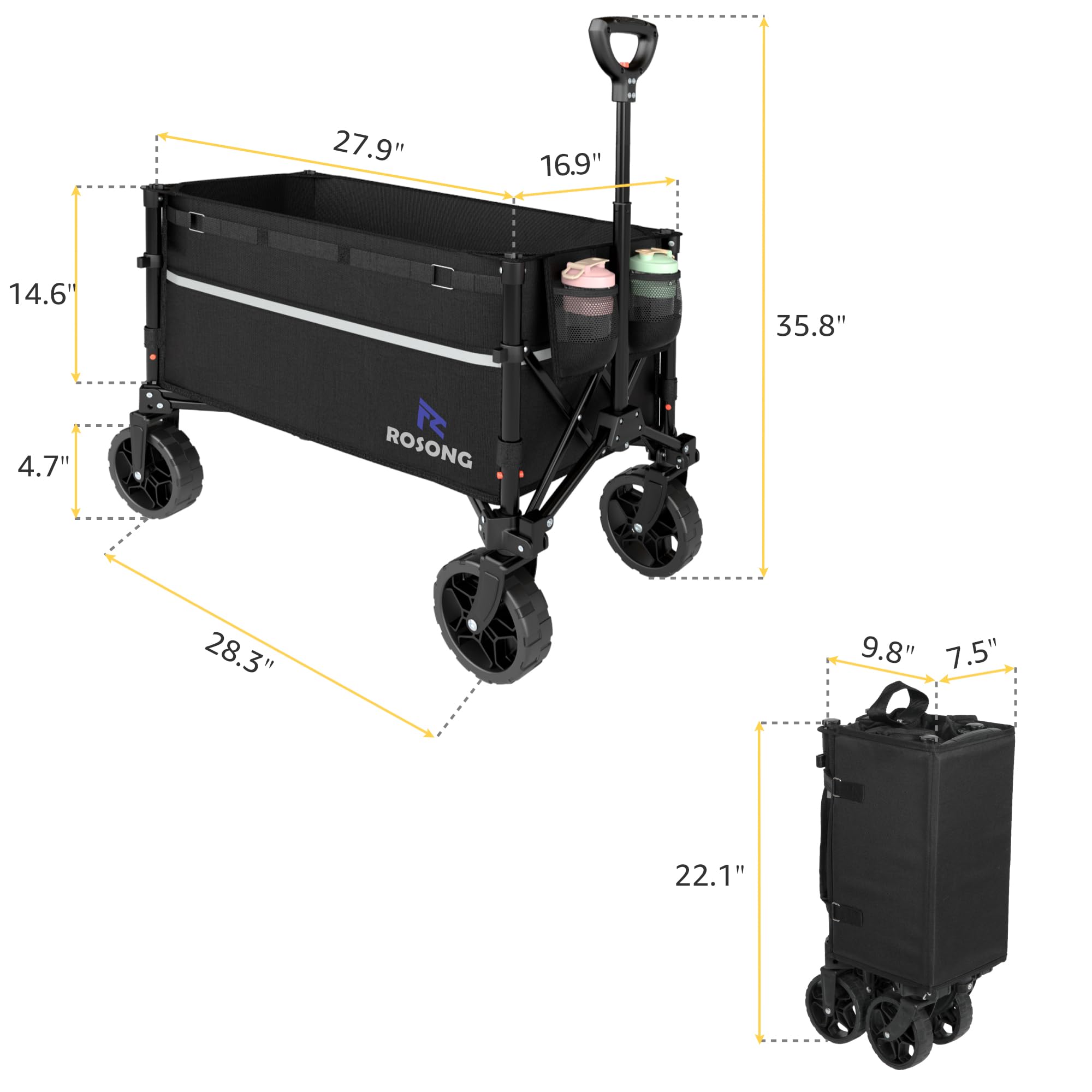 ROSONG Collapsible Wagon Cart with Wheels Foldable - Folding Utility Heavy Duty Wagons Carts for Grocery Sports Garden Shopping Camping