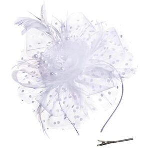 QIYIFAN Women's Feather Mesh Flower Fascinator with Headband and Clip Wedding Tea Party Kentucky Derby Fascinator Hats for Ladies White