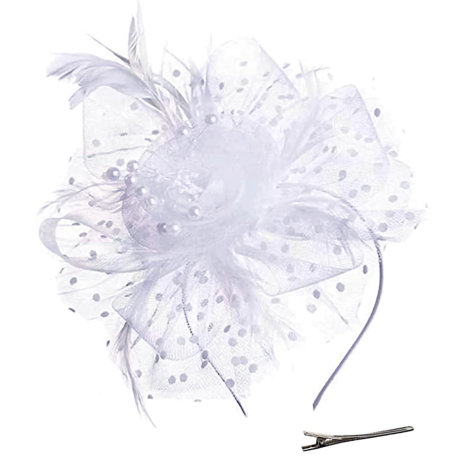 QIYIFAN Women's Feather Mesh Flower Fascinator with Headband and Clip Wedding Tea Party Kentucky Derby Fascinator Hats for Ladies White