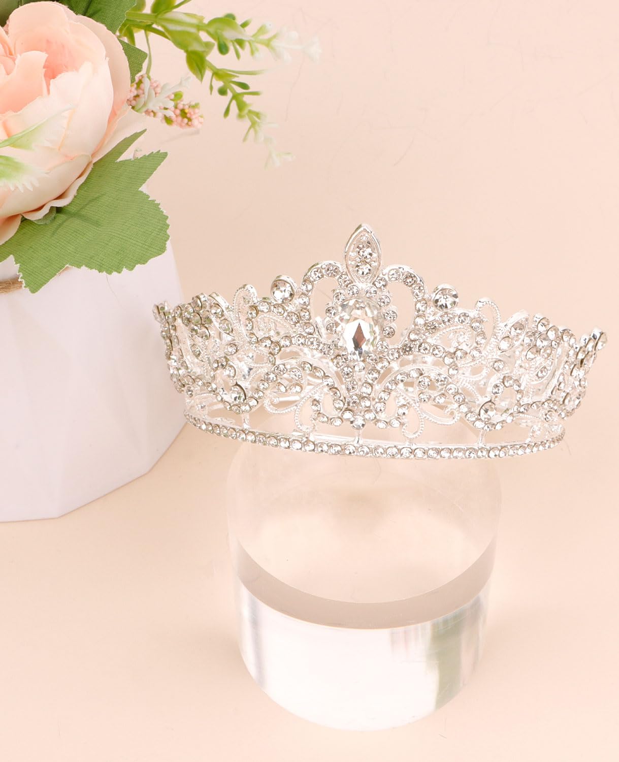 Wecoe Small Silver Crown Tiara Flower Bouquets Accessories Mini Crown Birthday Princess Crown Cake Decorations Wedding Hair Accessories Ornaments Gifts