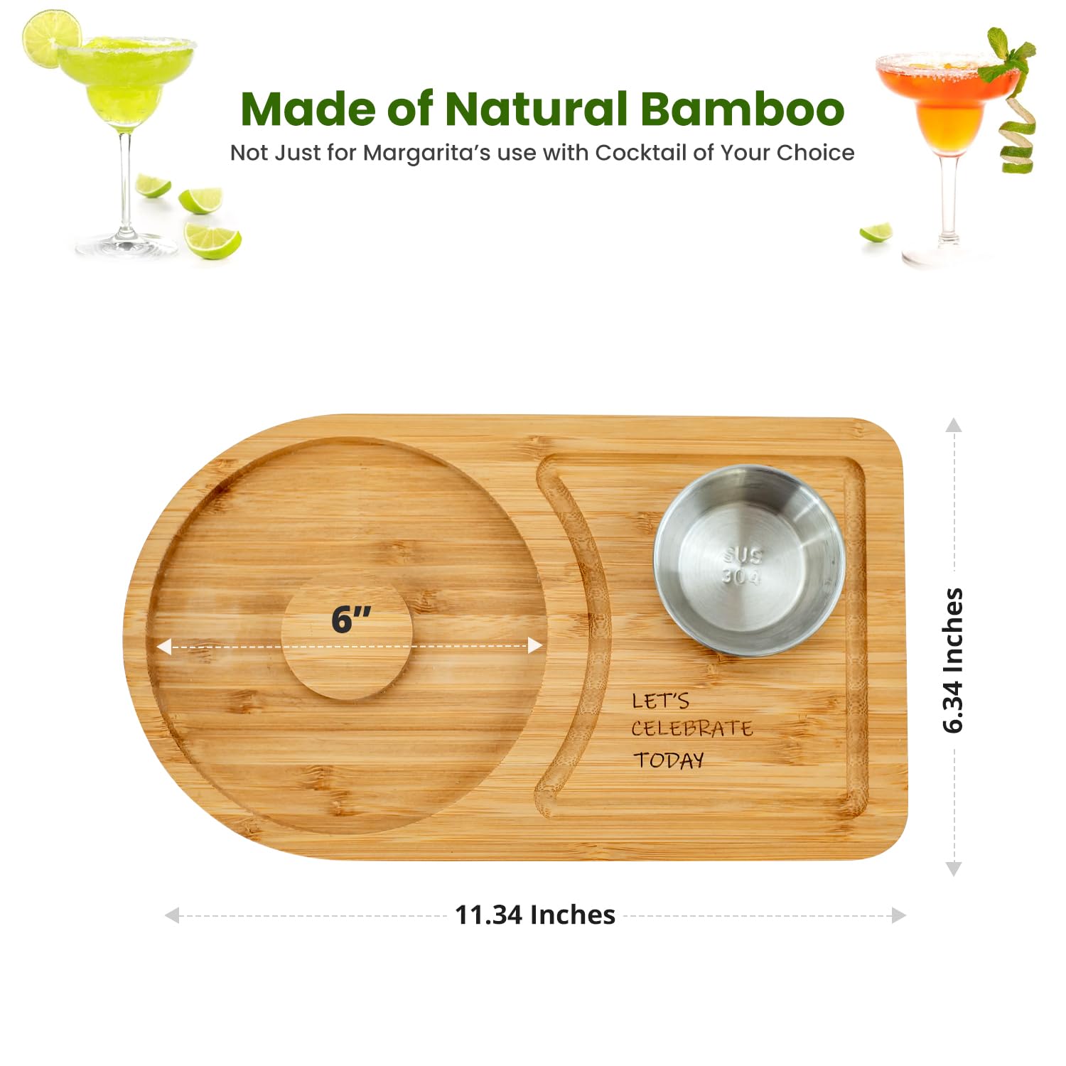 Margarita Salt Rimmer Set for up to 6" Rims - Bamboo 'Let's Celebrate Today' Wood Margarita Rimmer Set w/Bowl & Room for Margarita Accessories- Margarita Sugar Rimmer for Cocktails