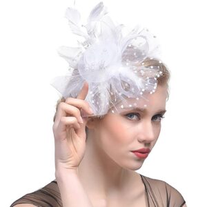 QIYIFAN Women's Feather Mesh Flower Fascinator with Headband and Clip Wedding Tea Party Kentucky Derby Fascinator Hats for Ladies White