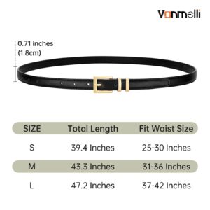 VONMELLI Leather Thin Belts for Women 2 Pack Women's Skinny Belt Ladies Belts for Jeans Dress with Bright Gold Buckle Black Brown S