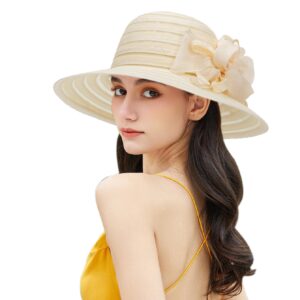 Wide-Brim Kentucky-Organza-Derby-Hat for Women Lady Tea Party Fascinators Cap Church Wedding Cap with Flower Beige