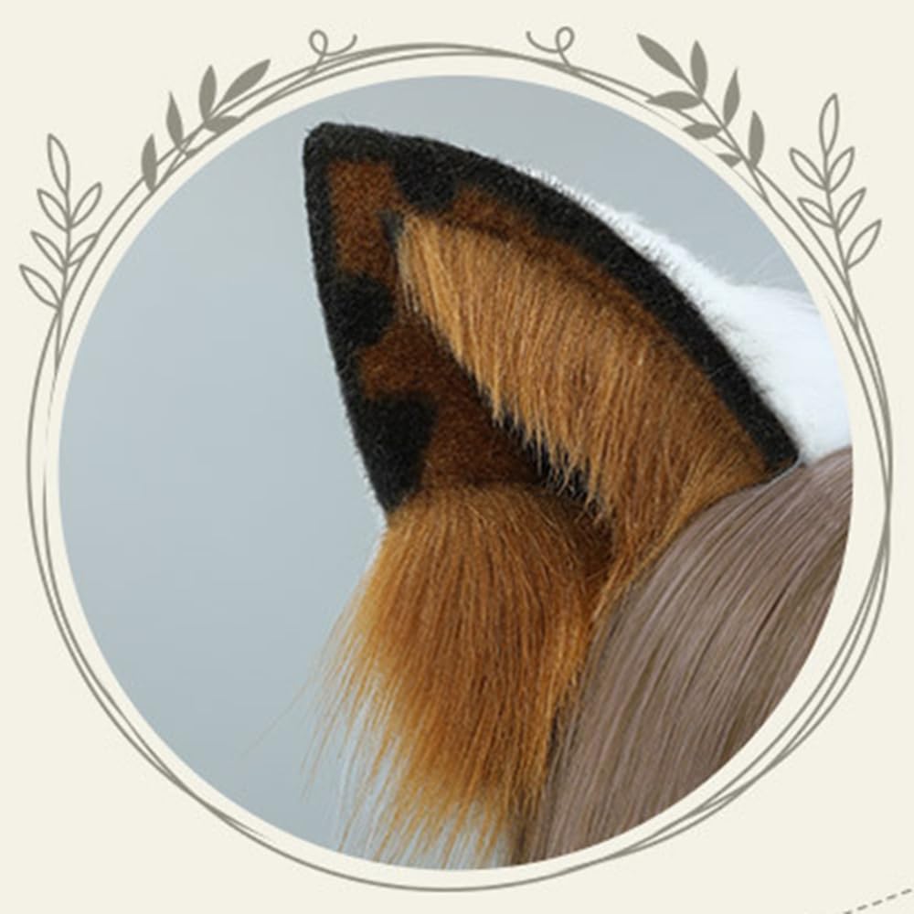 TTYAO REII Fluffy Dog Ears Headband Animal Ears Headband Puppy Ears with Tail for Cosplay Party Headdress Costume Accessories (Brown White)