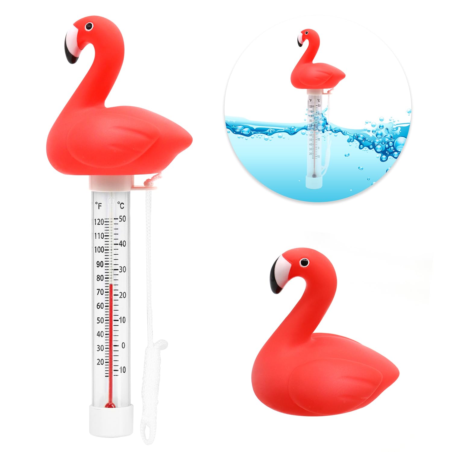 XY-WQ Floating Pool Thermometer, Large Size Easy Read for Water Temperature with String for Outdoor and Indoor Swimming Pools, Spas, Hot Tubs, Ponds (Flamingo)